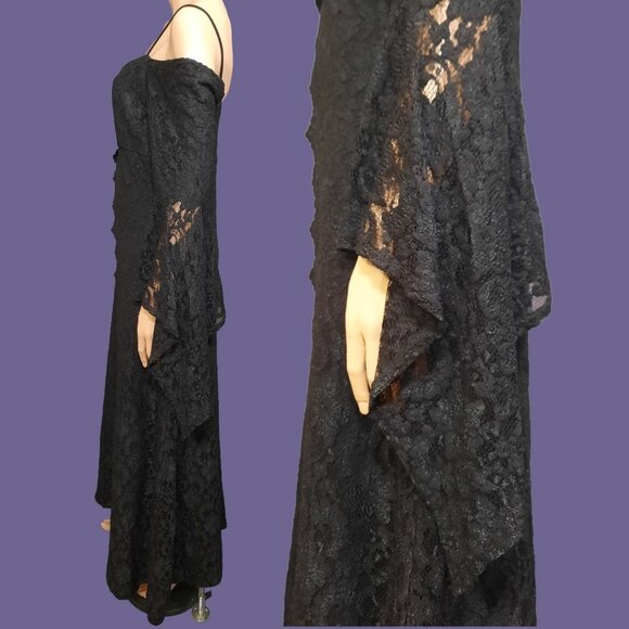 Gothic Witchy Medieval Maxi Dress M Long Bell Sleeves Black Lace Evening Wedding - Picture 6 of 12